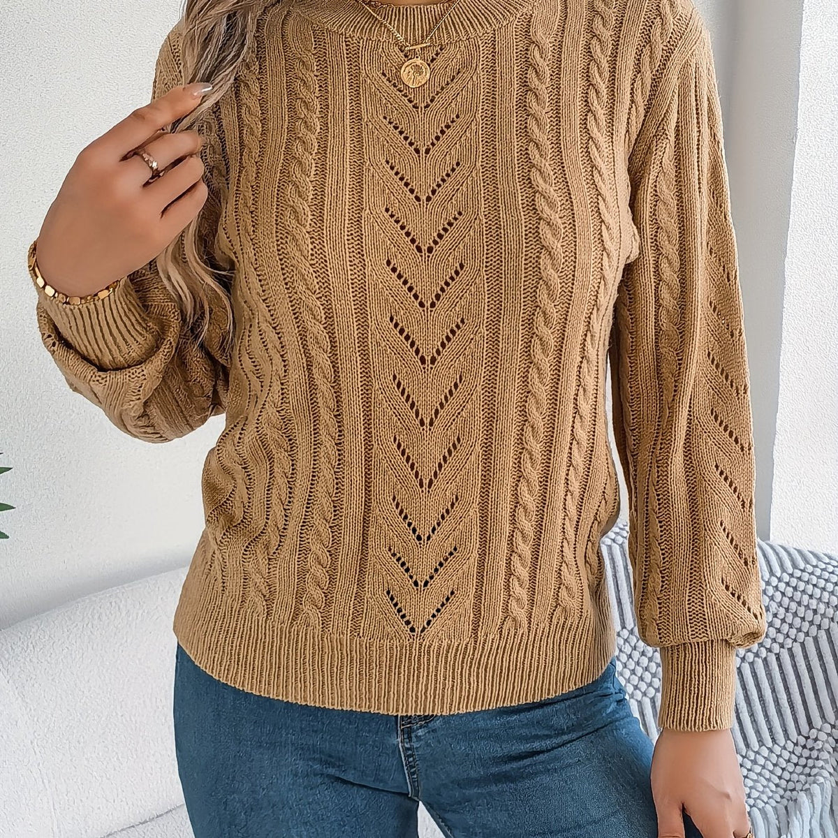 Maglione A Trecce Da Donna Con Girocollo E Maniche Lunghe, immagine 1