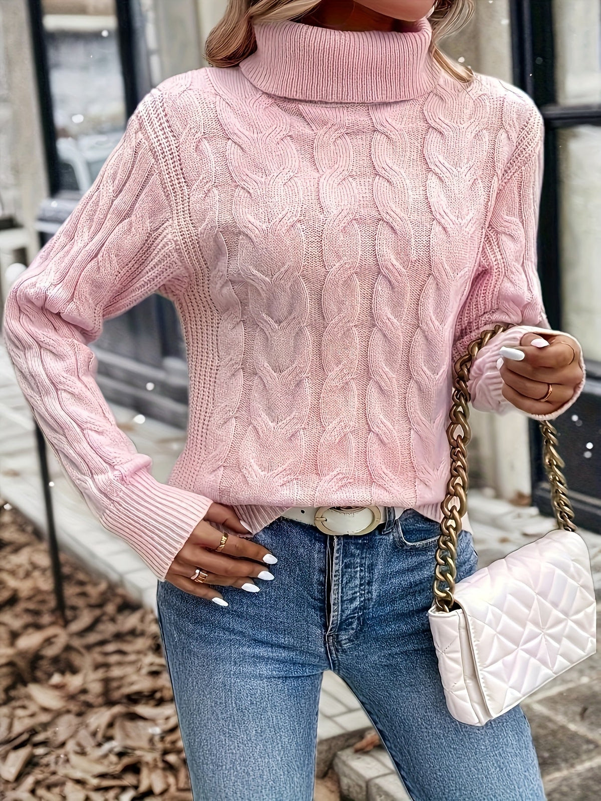 Maglione A Trecce Da Donna Con Collo Alto E Taglio Comodo, immagine 48