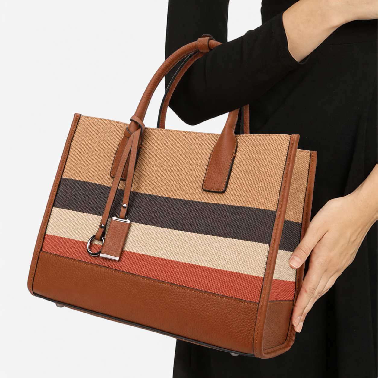 Borsa Tote A Righe Caramello Capiente Donna — Firenze, immagine 2