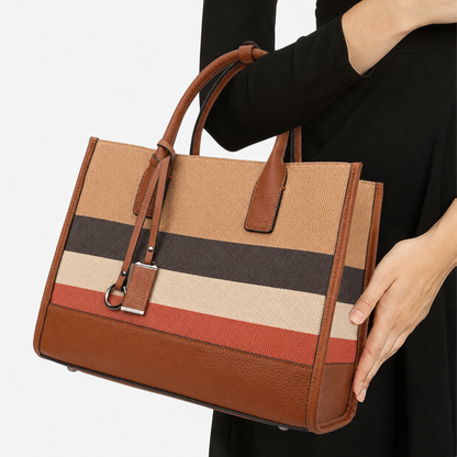 Borsa Tote A Righe Caramello Capiente Donna — Firenze, immagine 2