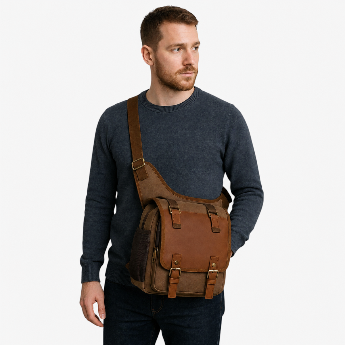 Borsa Messenger Marrone In Tela Multitasche Uomo — Siena, immagine 4