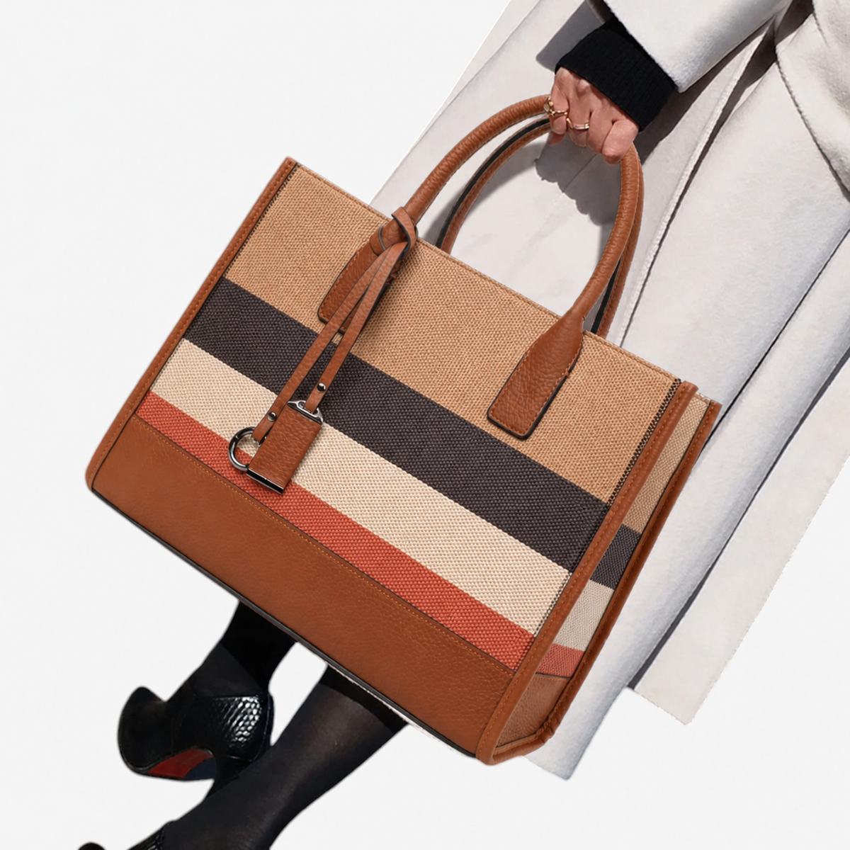 Borsa Tote A Righe Caramello Capiente Donna — Firenze, immagine 3