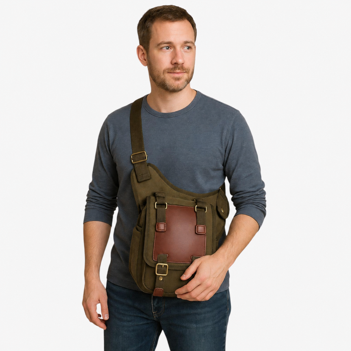 Borsa Messenger Marrone In Tela Multitasche Uomo — Siena, immagine 5