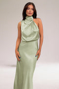 Abito Lungo Satinato Da Donna Con Scollo Halter E Gonna Fluida, immagine 6