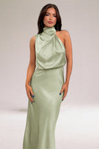 Abito Lungo Satinato Da Donna Con Scollo Halter E Gonna Fluida, immagine 6