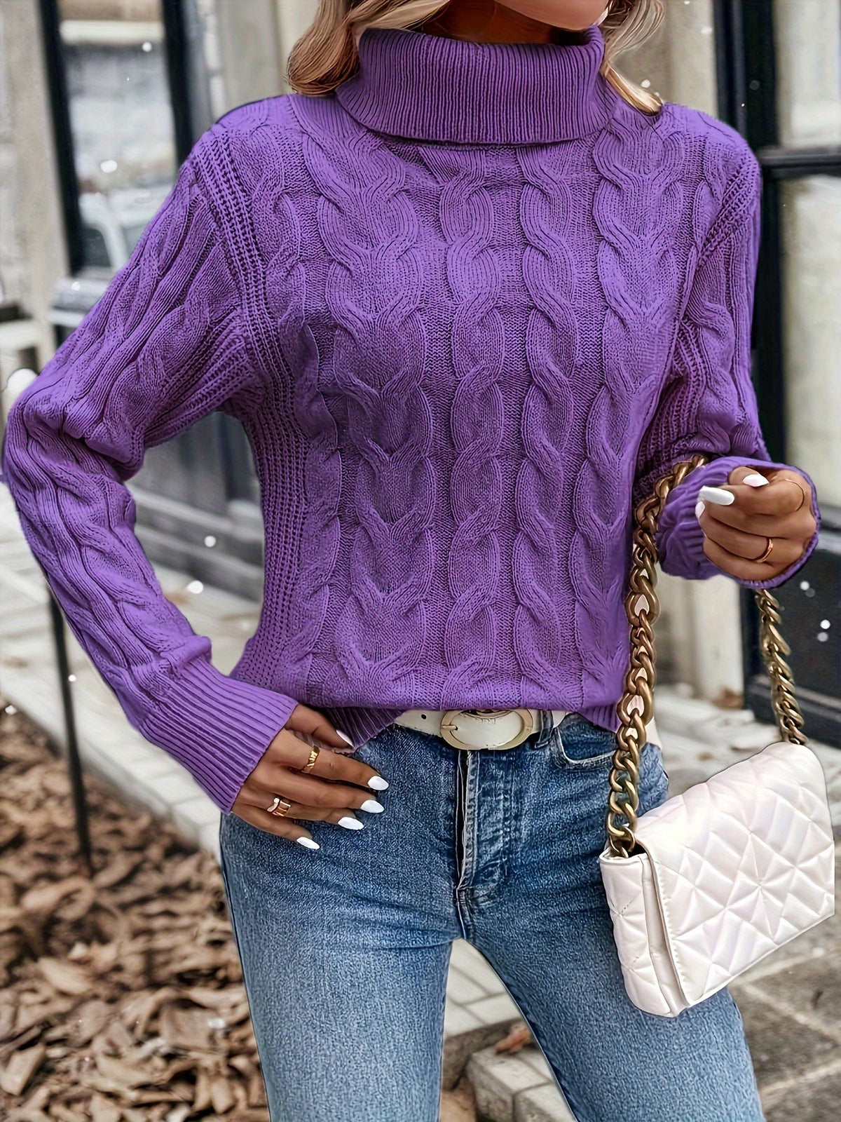 Maglione A Trecce Da Donna Con Collo Alto E Taglio Comodo, immagine 34