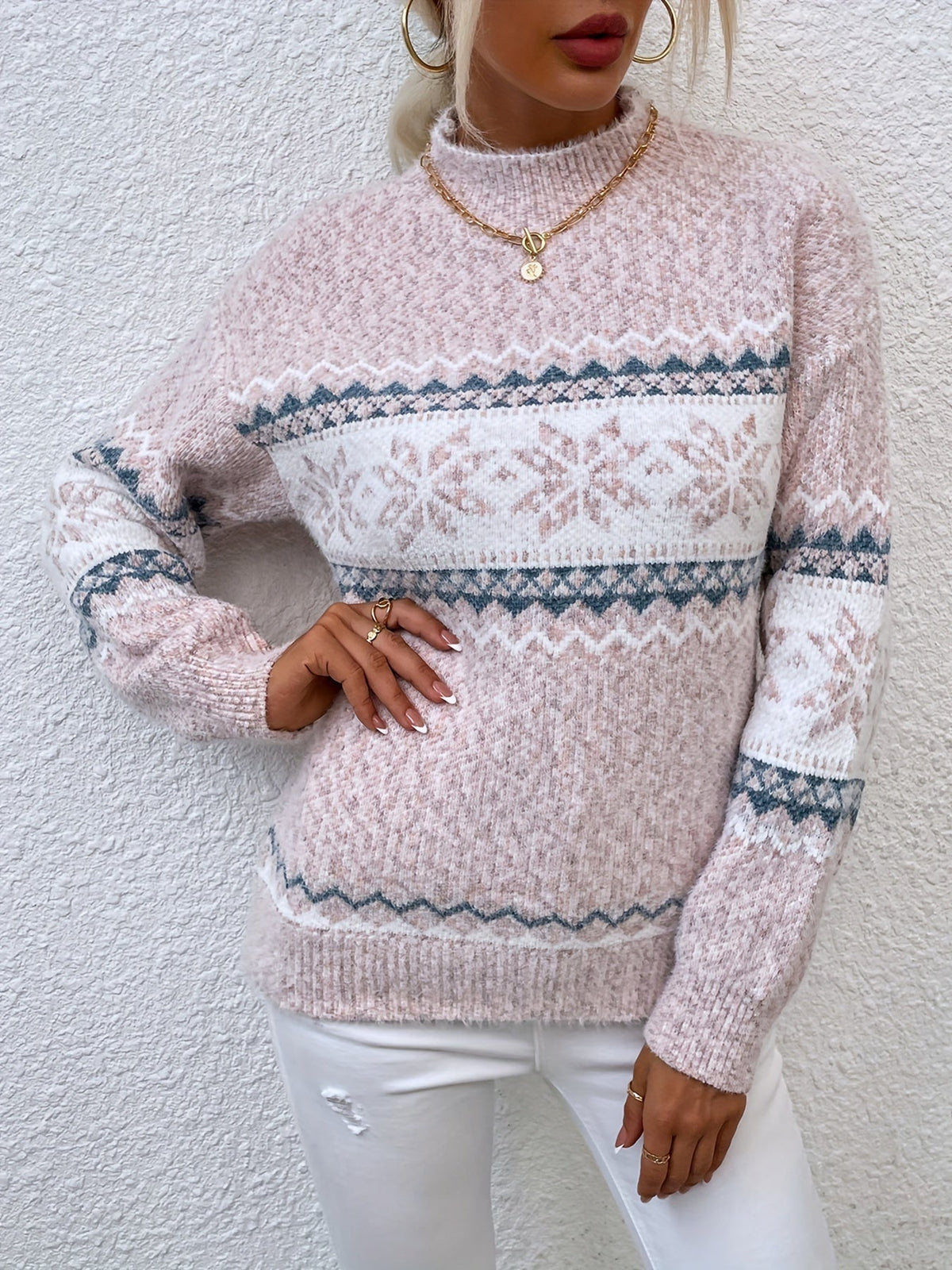 Maglione Con Fiocchi Di Neve Da Donna Con Collo Alto E Taglio Comodo, immagine 11