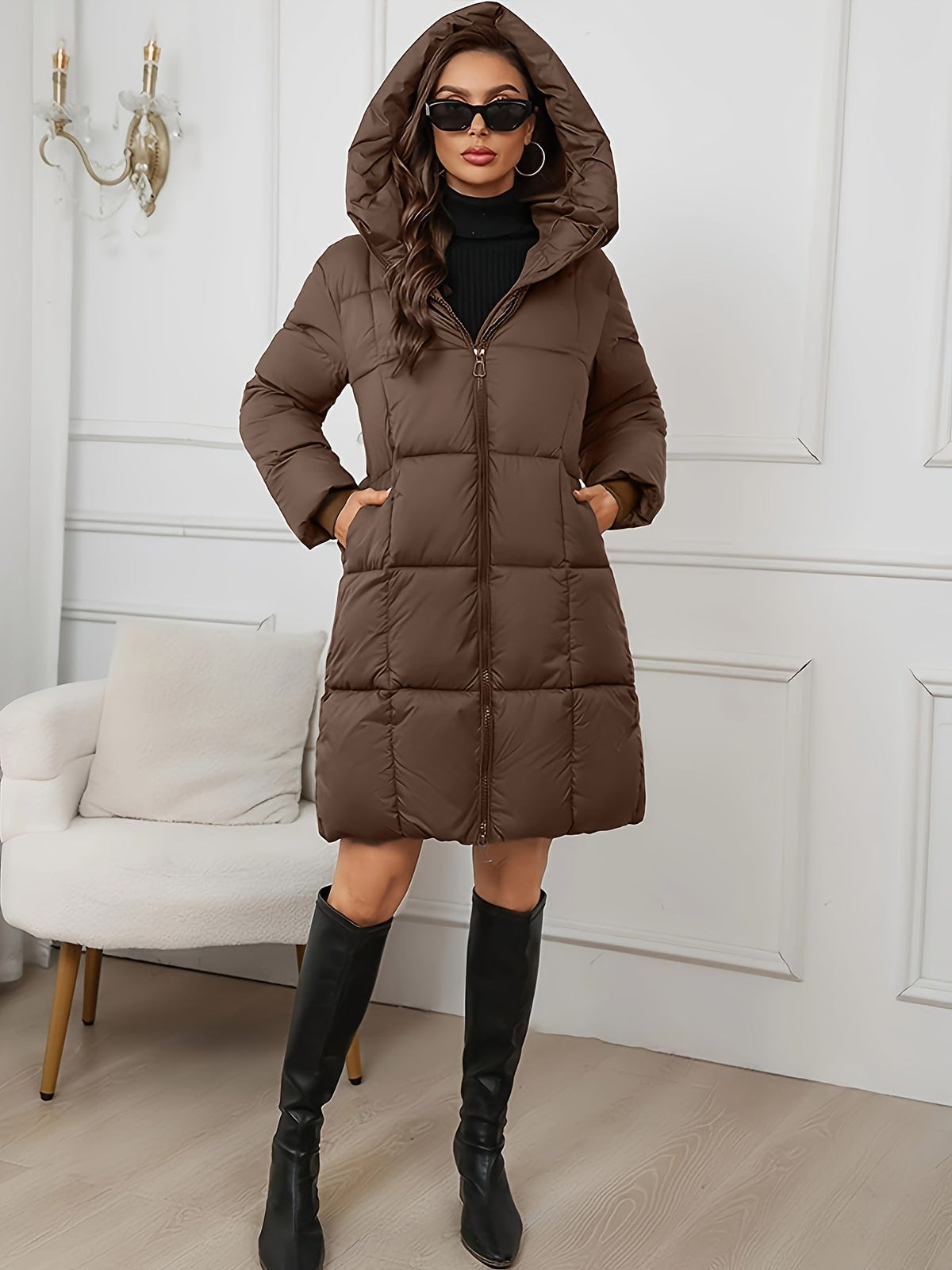 Piumino Lungo Da Donna Con Cappuccio E Chiusura A Zip, immagine 4