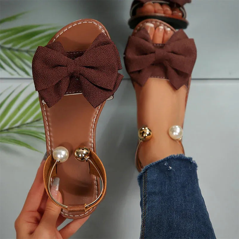 Sandali Aurora kaki da donna con fiocco, vista dall’alto