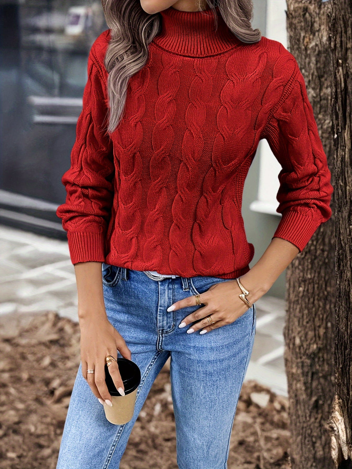 Maglione A Trecce Da Donna Con Collo Alto E Taglio Comodo, immagine 6