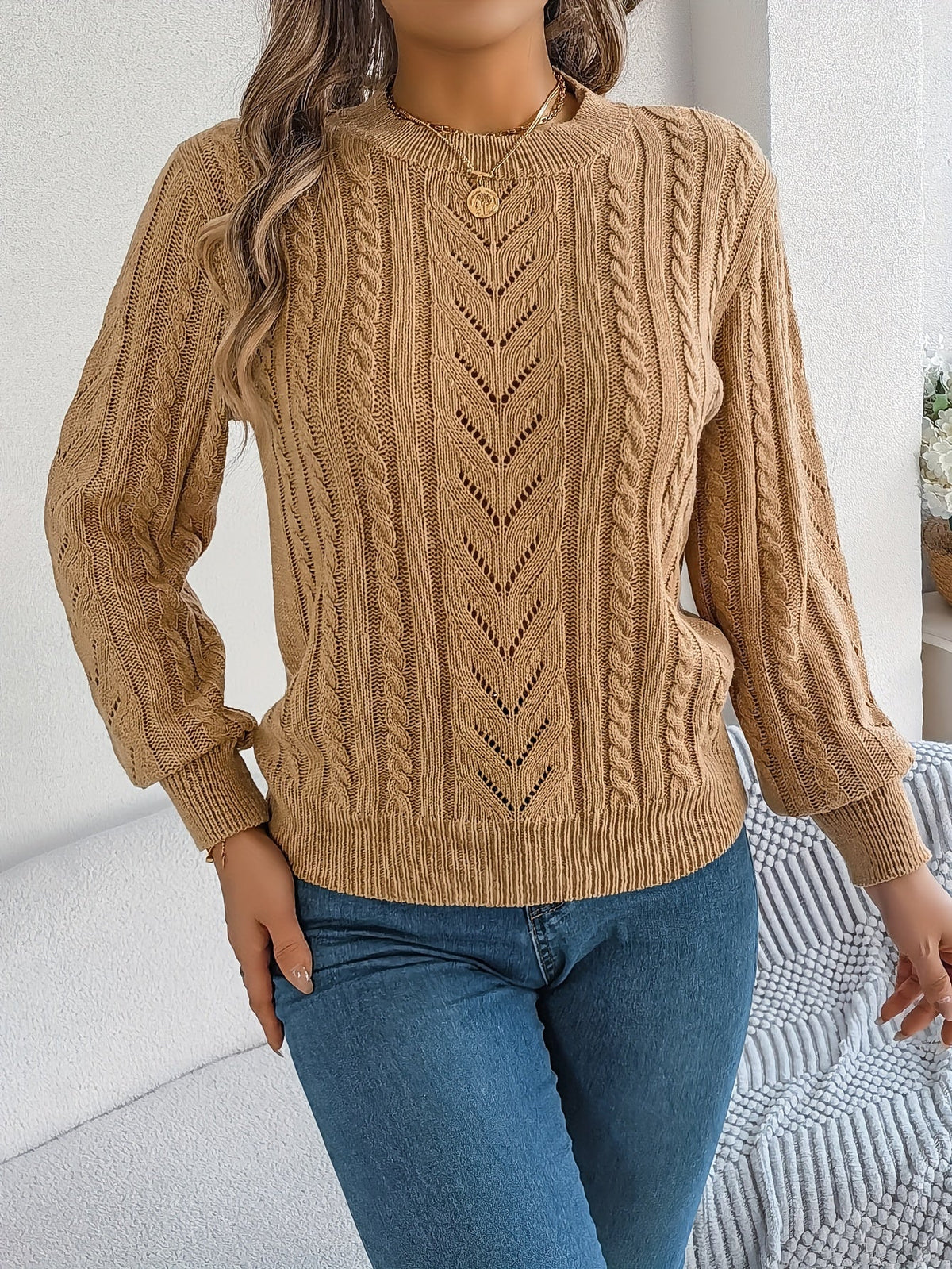 Maglione A Trecce Da Donna Con Girocollo E Maniche Lunghe, immagine 6