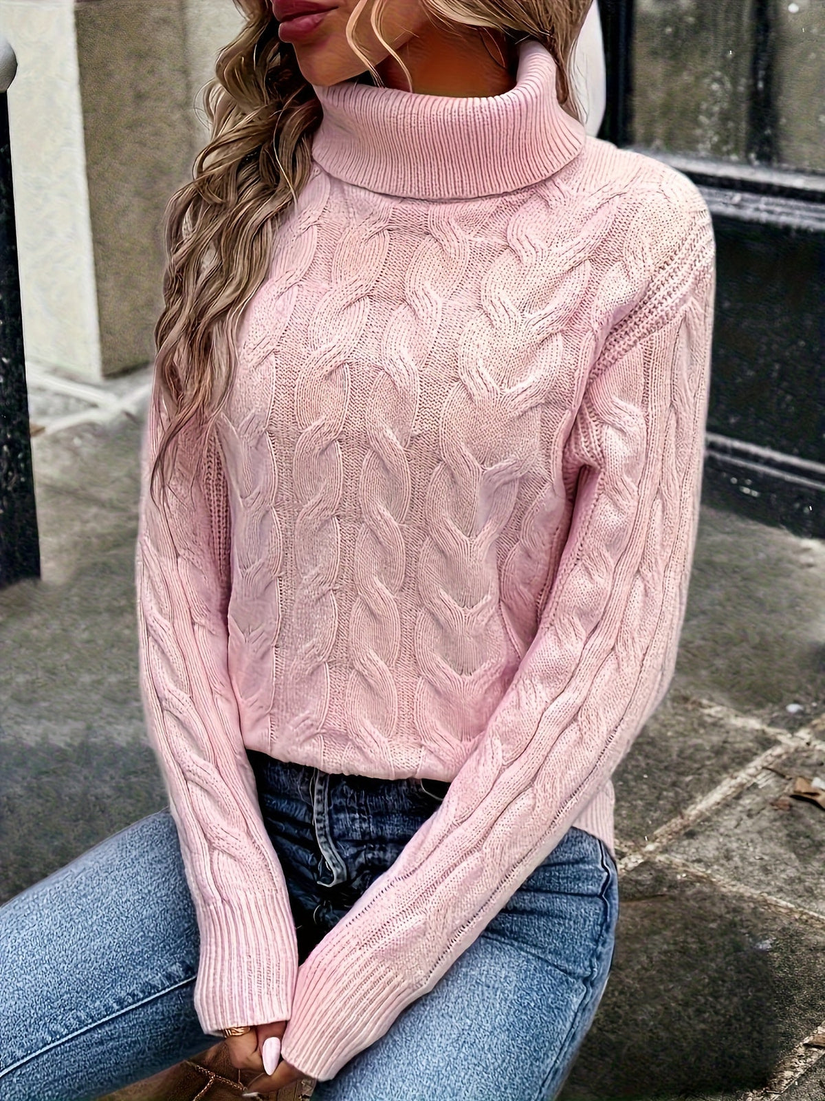 Maglione A Trecce Da Donna Con Collo Alto E Taglio Comodo, immagine 47