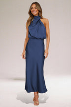 Abito Lungo Satinato Da Donna Con Scollo Halter E Gonna Fluida, immagine 7