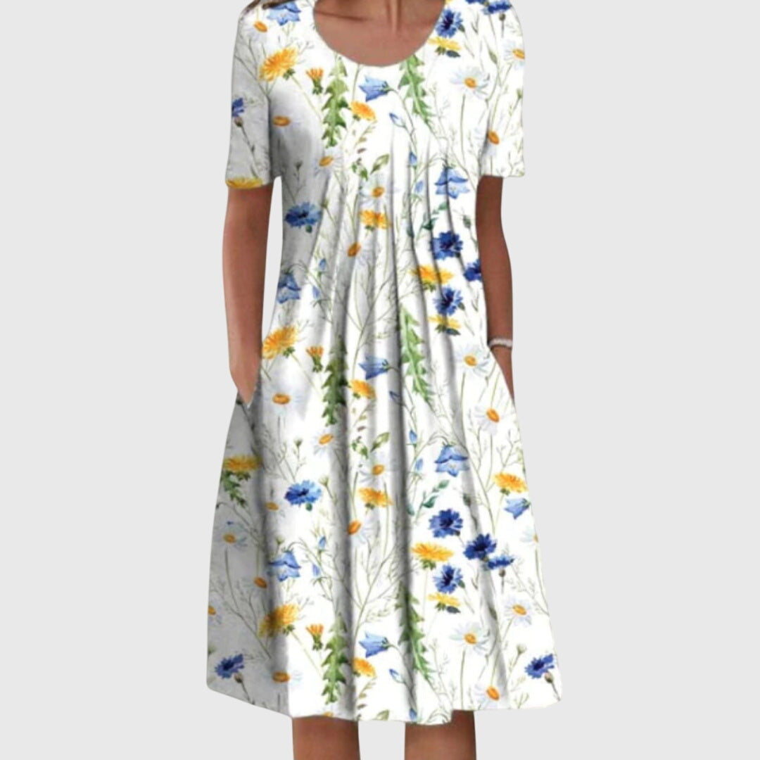 Abito Midi Floreale Da Donna Con Scollo Rotondo E Gonna Svasata, immagine 2