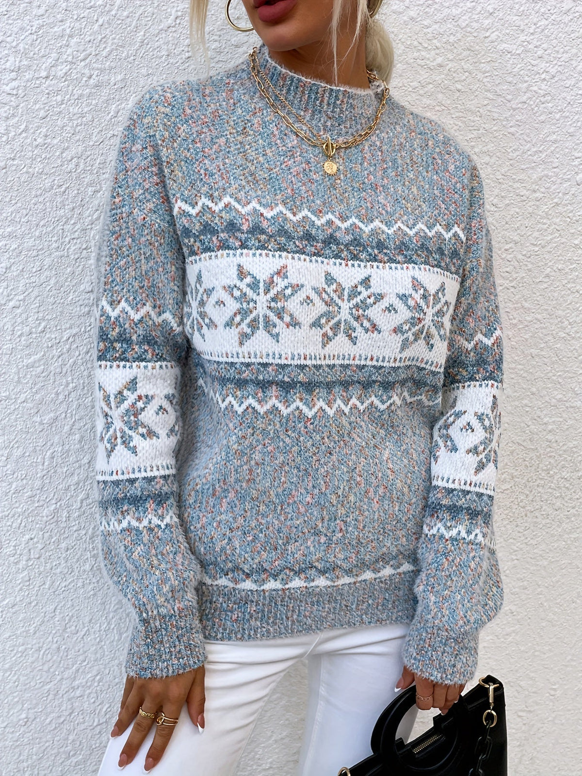 Maglione Con Fiocchi Di Neve Da Donna Con Collo Alto E Taglio Comodo, immagine 4