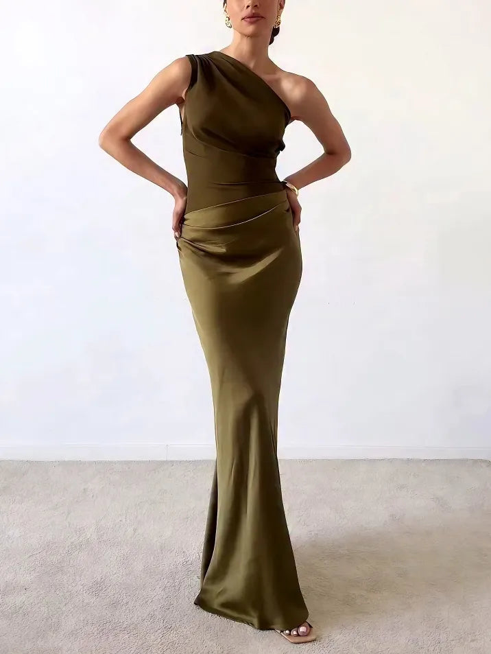 Abito Lungo Elegante Da Donna Monospalla Con Drappeggio Laterale, immagine 2