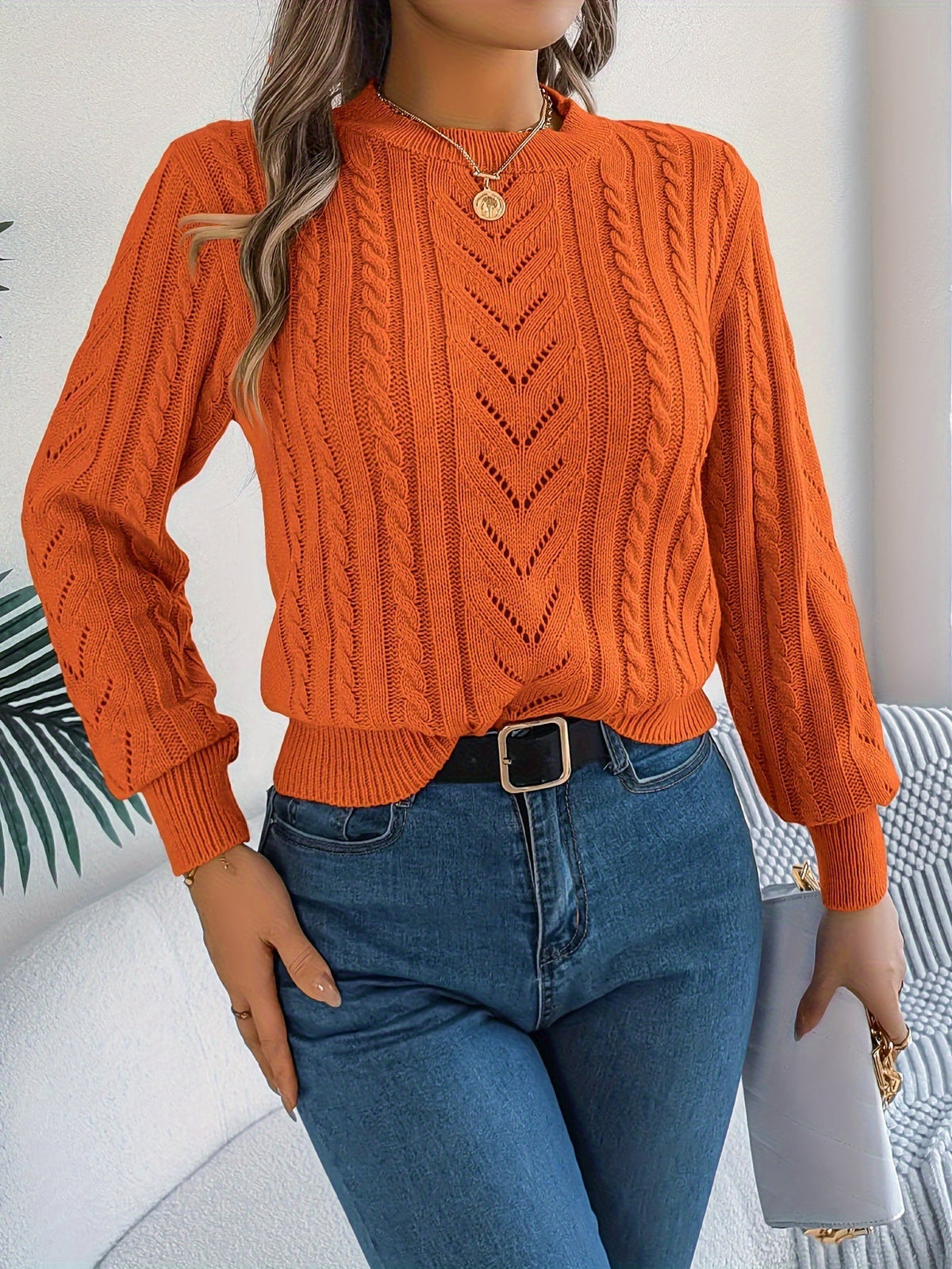 Maglione A Trecce Da Donna Con Girocollo E Maniche Lunghe, immagine 21