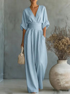 Tuta Elegante Da Donna Con Scollo A V E Pantaloni A Gamba Larga, immagine 6