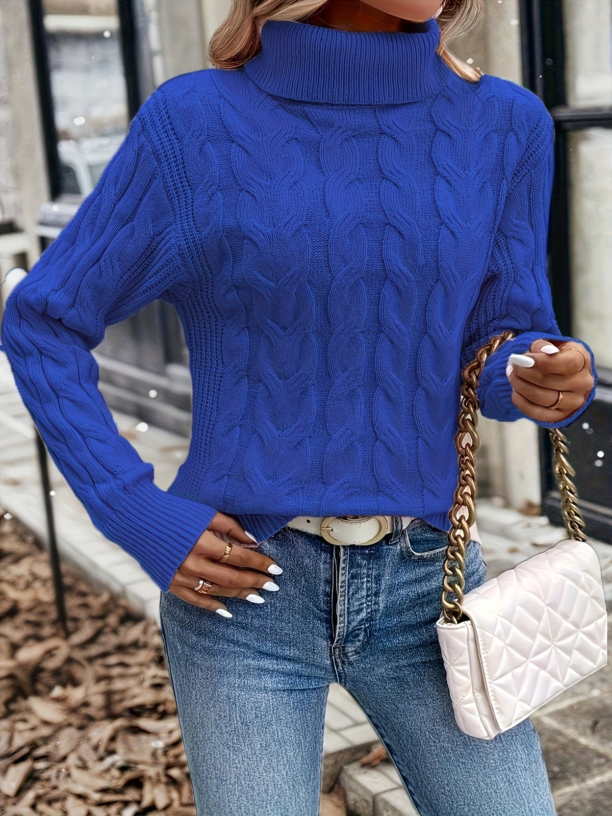 Maglione A Trecce Da Donna Con Collo Alto E Taglio Comodo, immagine 22