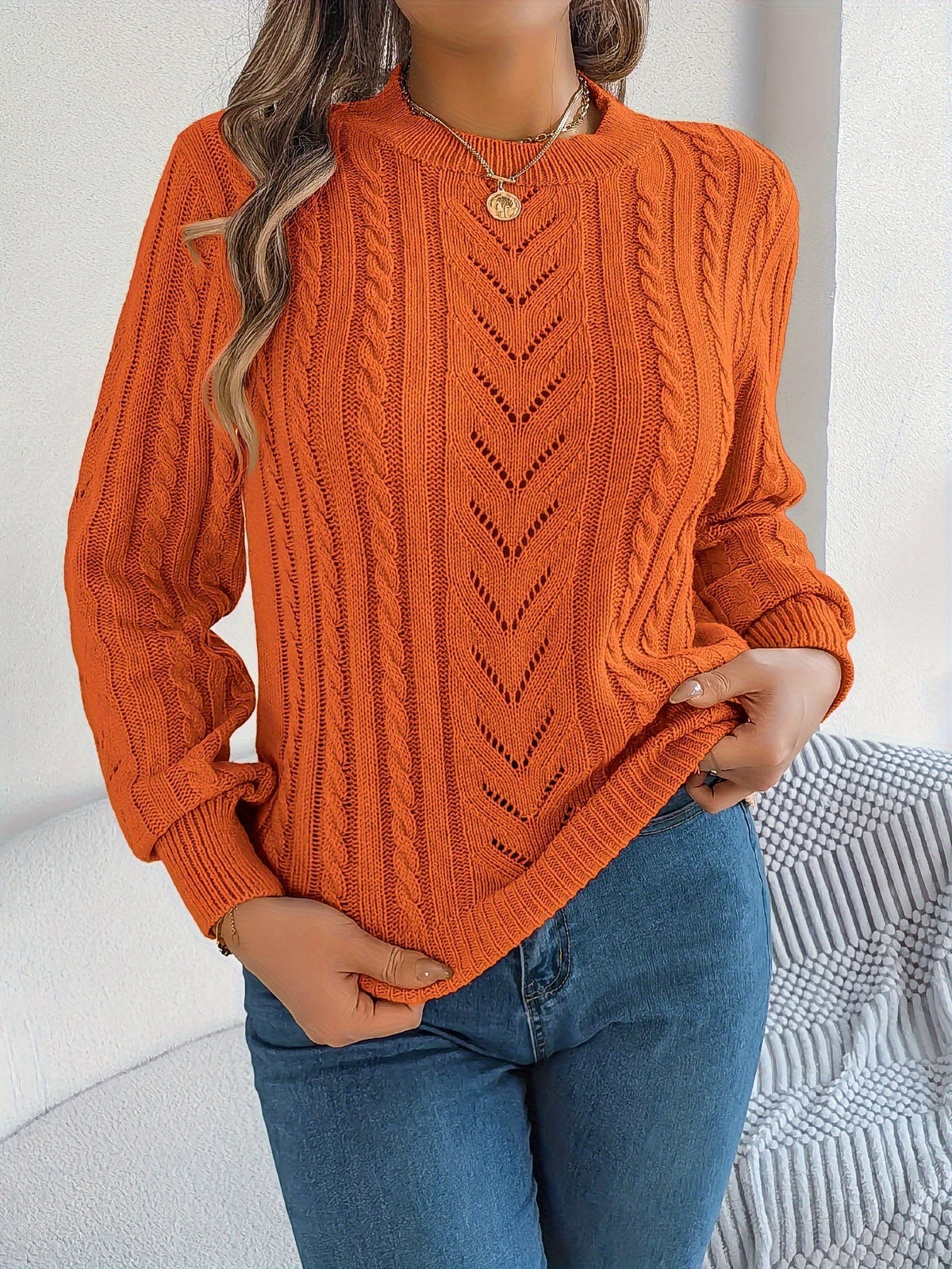 Maglione A Trecce Da Donna Con Girocollo E Maniche Lunghe, immagine 20