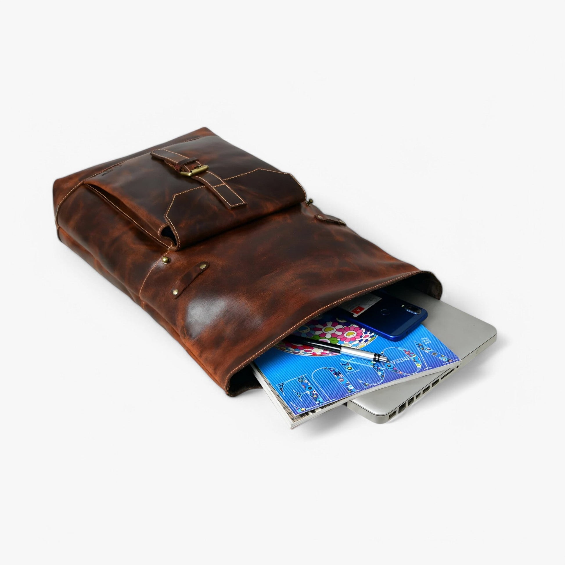 Zaino Roll Top Marrone Con Fibbia Unisex — Saddle, immagine 6