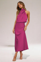 Abito Lungo Satinato Da Donna Con Scollo Halter E Gonna Fluida, immagine 5