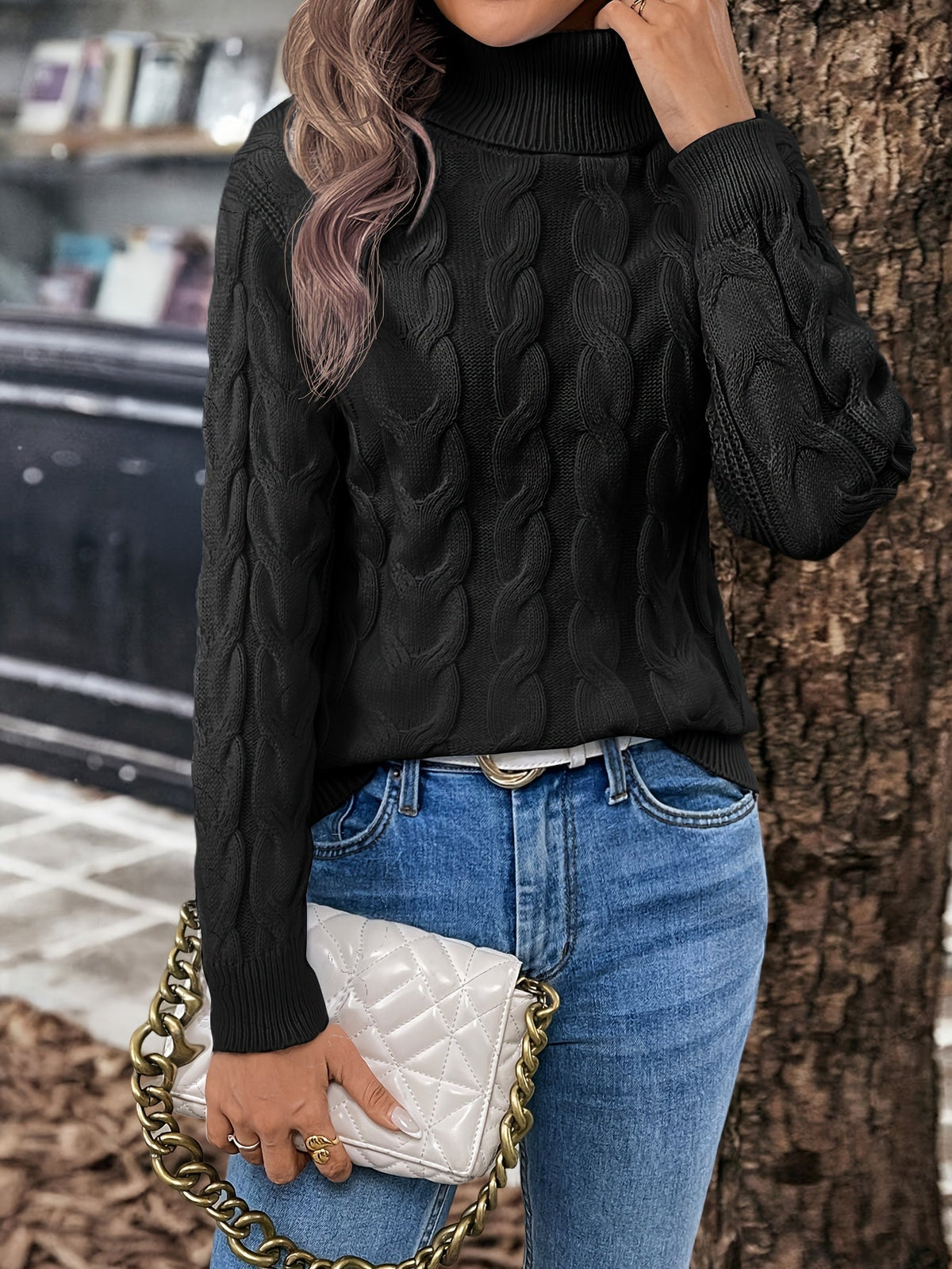 Maglione A Trecce Da Donna Con Collo Alto E Taglio Comodo, immagine 11
