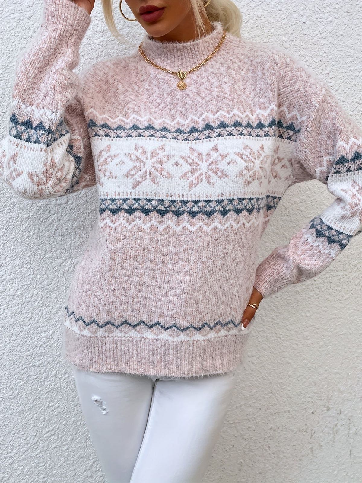 Maglione Con Fiocchi Di Neve Da Donna Con Collo Alto E Taglio Comodo, immagine 14