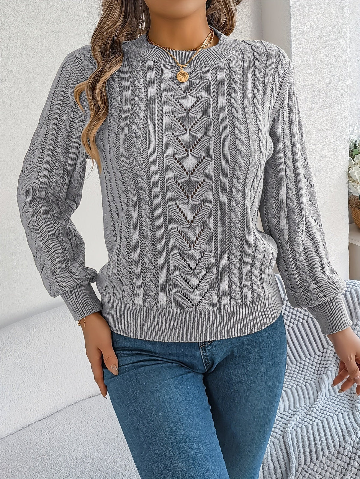 Maglione A Trecce Da Donna Con Girocollo E Maniche Lunghe, immagine 12
