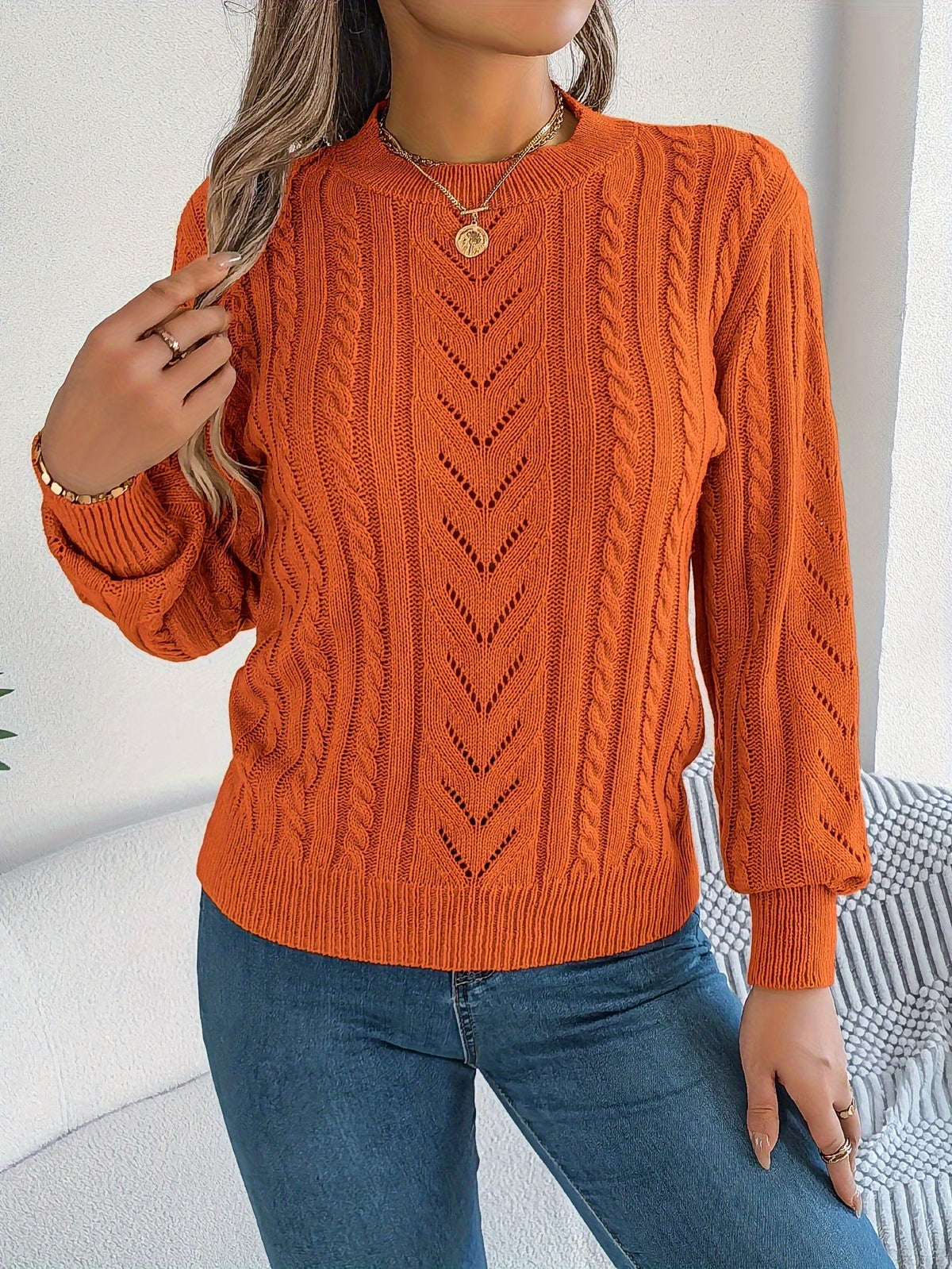 Maglione A Trecce Da Donna Con Girocollo E Maniche Lunghe, immagine 16