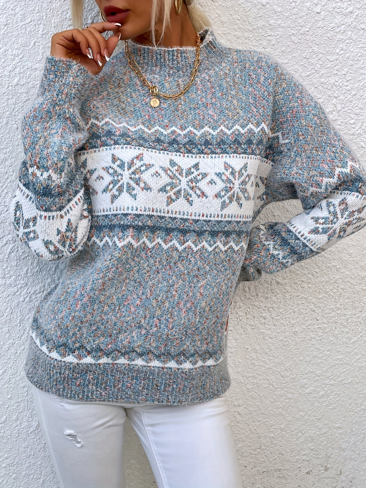Maglione Con Fiocchi Di Neve Da Donna Con Collo Alto E Taglio Comodo, immagine 7