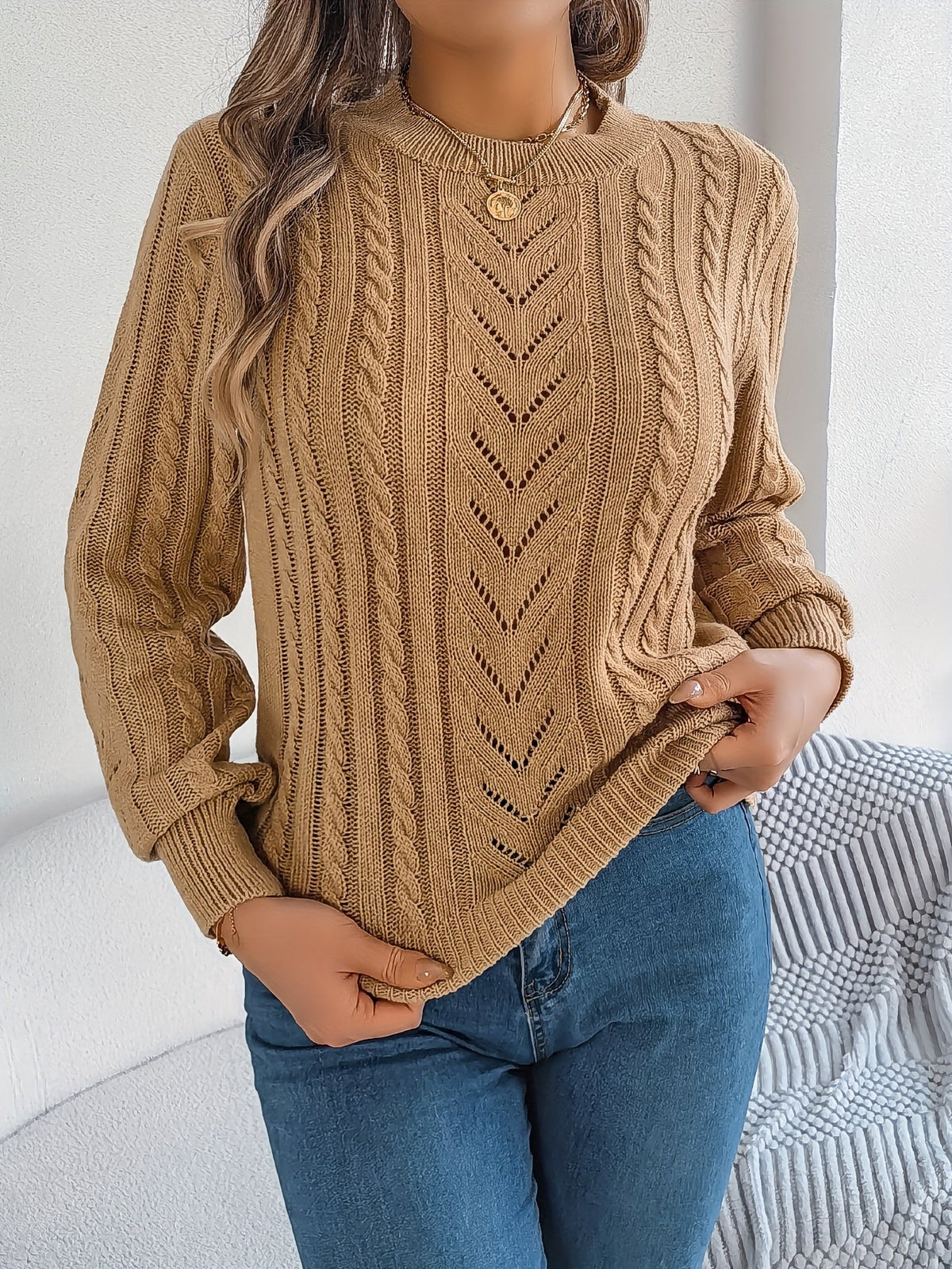 Maglione A Trecce Da Donna Con Girocollo E Maniche Lunghe, immagine 4