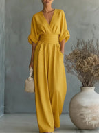 Tuta Elegante Da Donna Con Scollo A V E Pantaloni A Gamba Larga, immagine 7