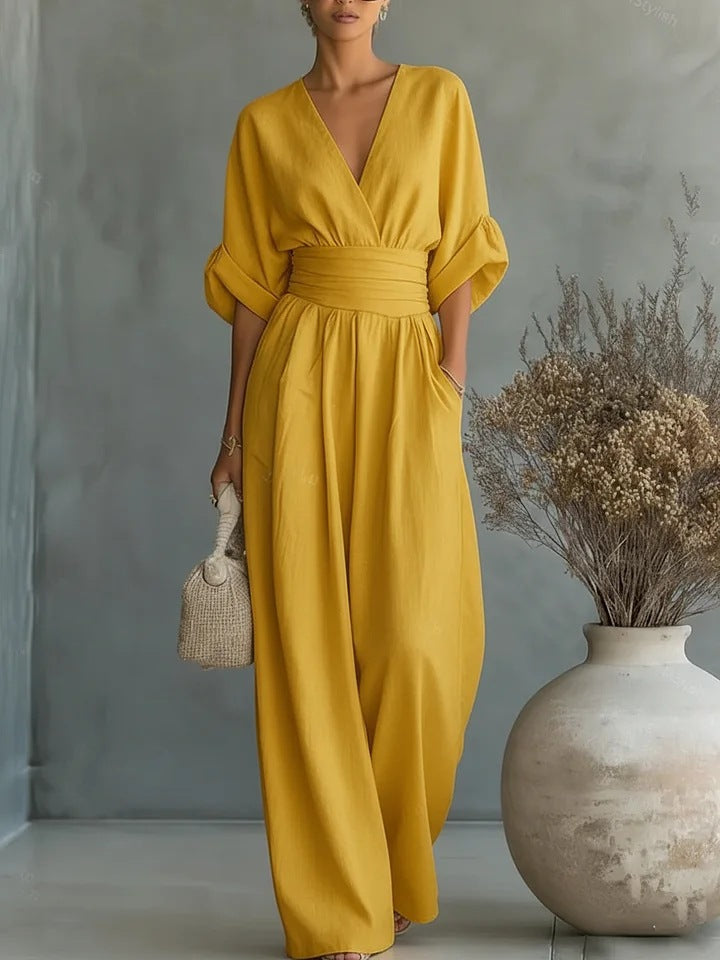 Tuta Elegante Da Donna Con Scollo A V E Pantaloni A Gamba Larga, immagine 7