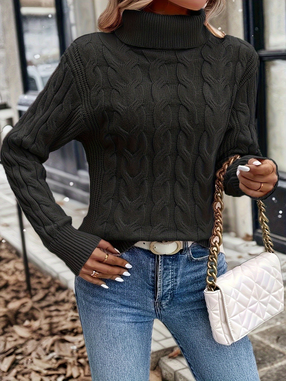 Maglione A Trecce Da Donna Con Collo Alto E Taglio Comodo, immagine 10