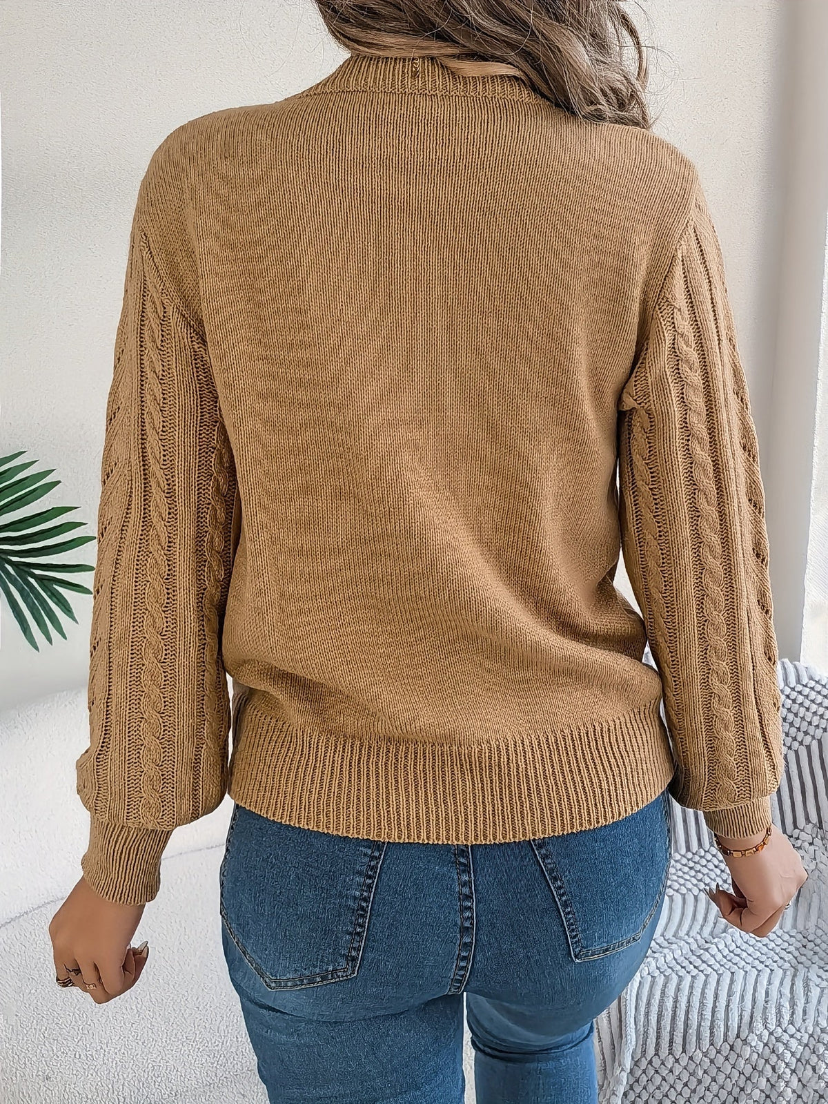 Maglione A Trecce Da Donna Con Girocollo E Maniche Lunghe, immagine 3