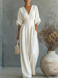 Tuta Elegante Da Donna Con Scollo A V E Pantaloni A Gamba Larga, immagine 5