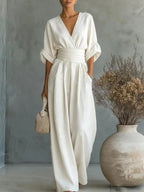 Tuta Elegante Da Donna Con Scollo A V E Pantaloni A Gamba Larga, immagine 5