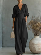 Tuta Elegante Da Donna Con Scollo A V E Pantaloni A Gamba Larga, immagine 13
