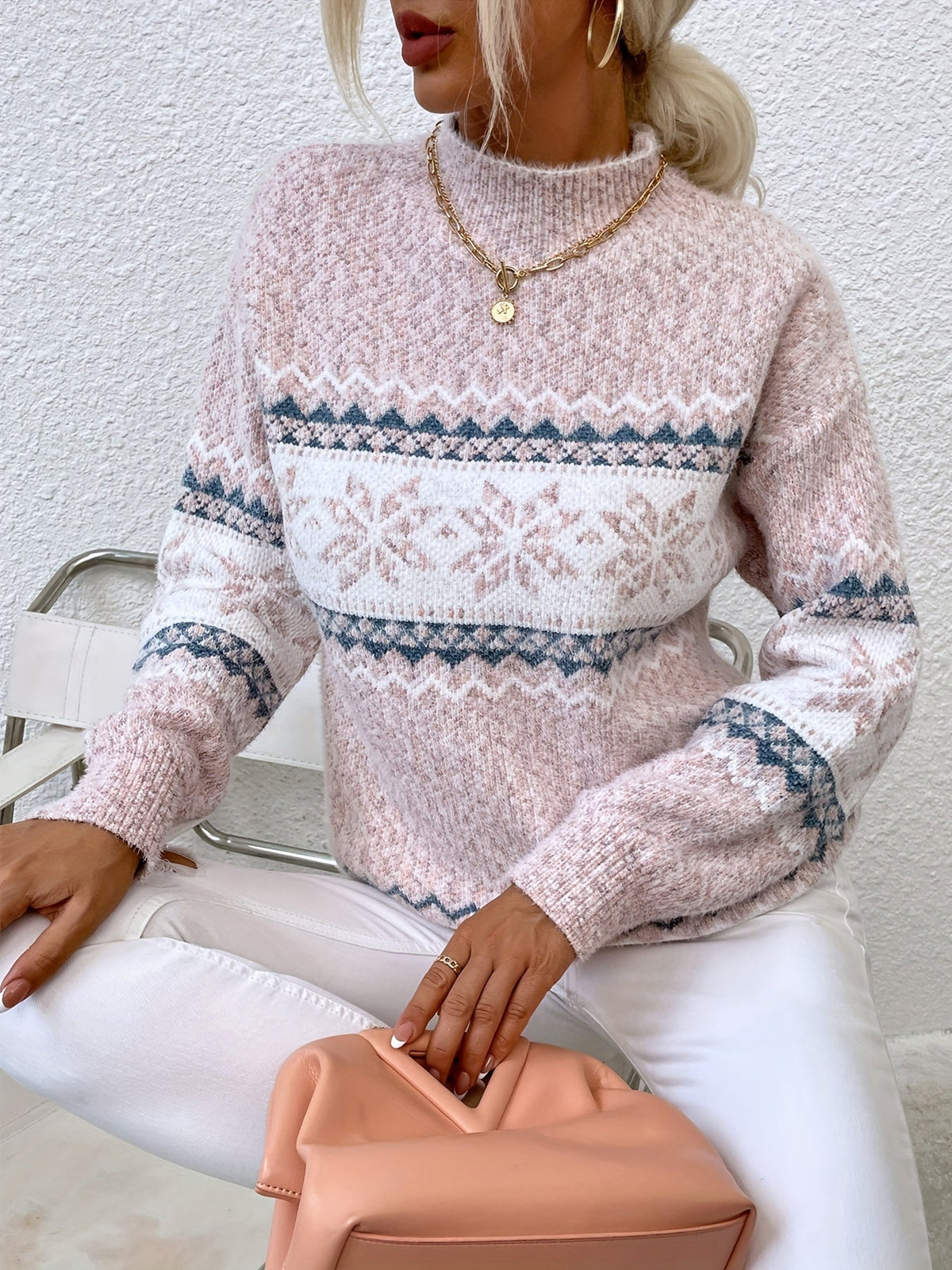 Maglione Con Fiocchi Di Neve Da Donna Con Collo Alto E Taglio Comodo, immagine 15