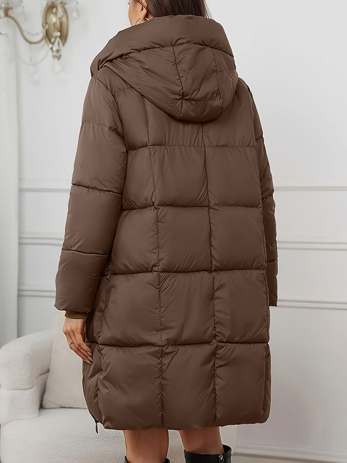 Piumino Lungo Da Donna Con Cappuccio E Chiusura A Zip, immagine 2