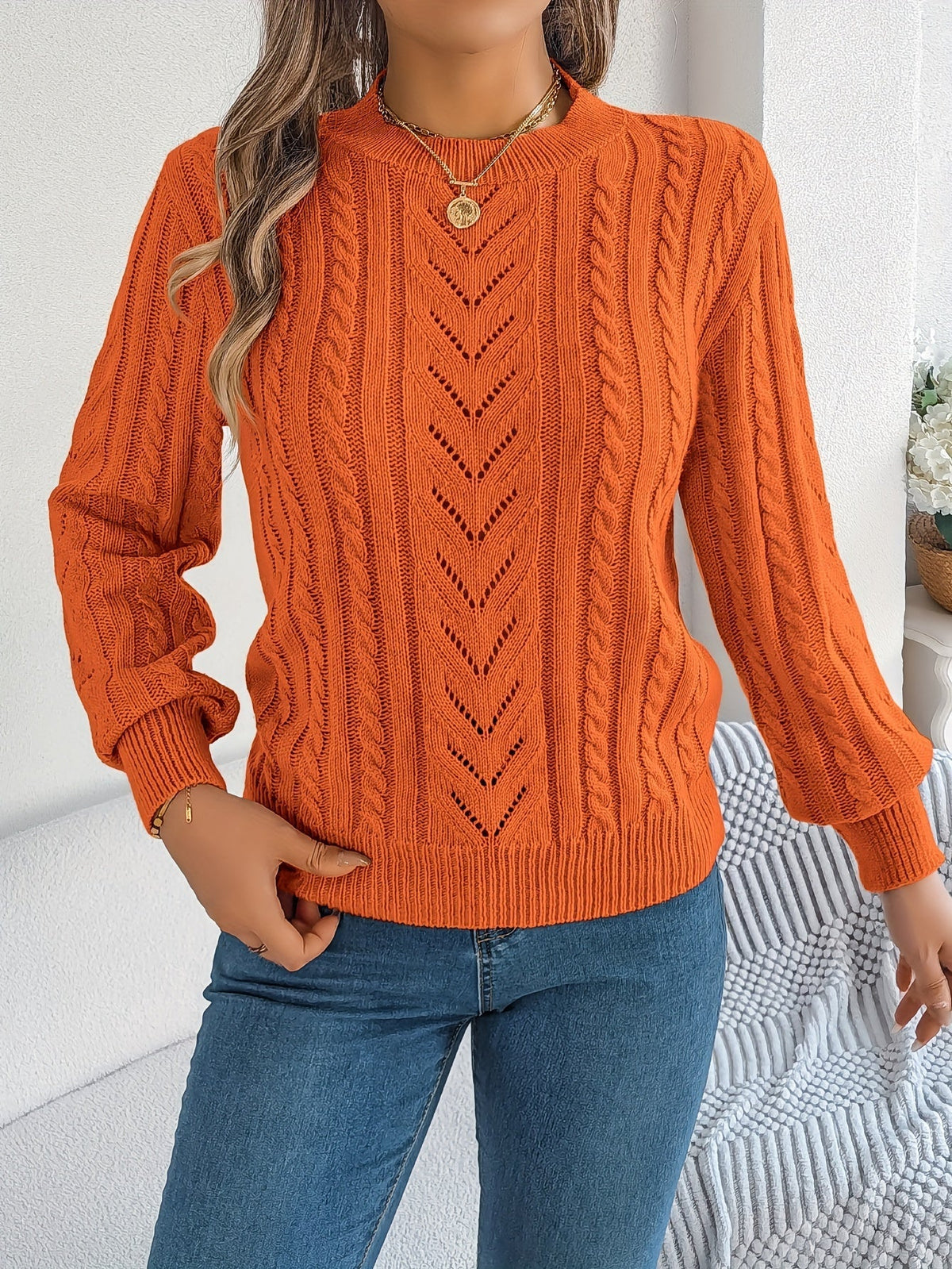 Maglione A Trecce Da Donna Con Girocollo E Maniche Lunghe, immagine 18
