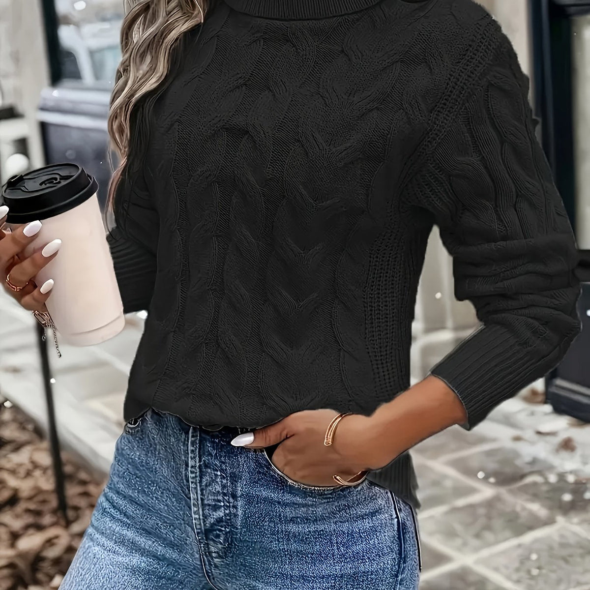 Maglione A Trecce Da Donna Con Collo Alto E Taglio Comodo, immagine 7