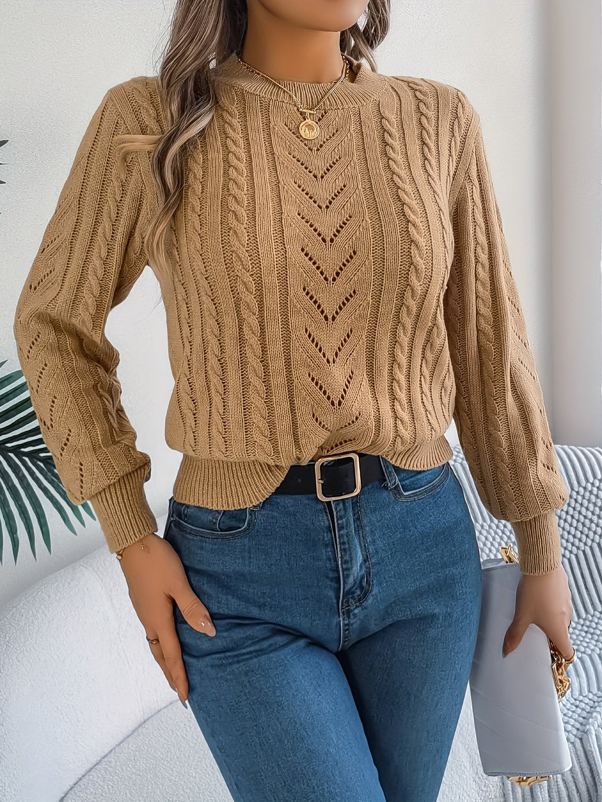 Maglione A Trecce Da Donna Con Girocollo E Maniche Lunghe, immagine 5