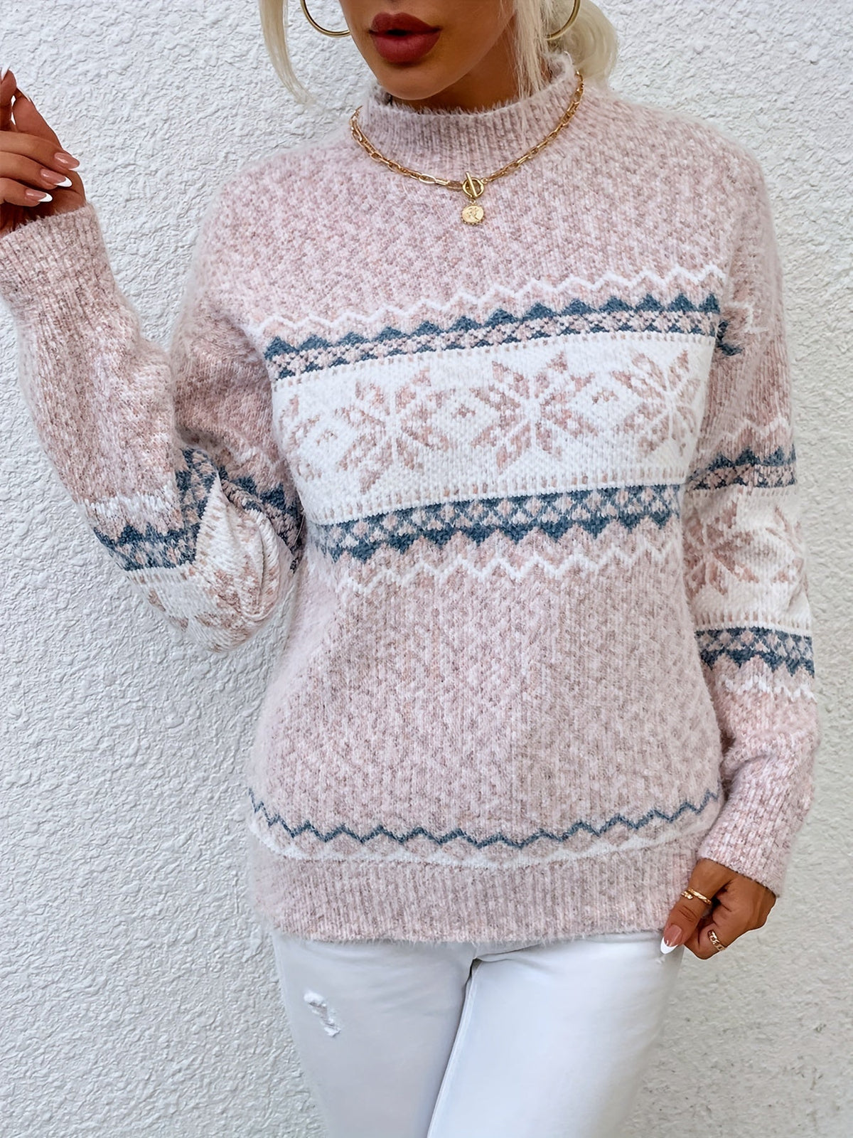 Maglione Con Fiocchi Di Neve Da Donna Con Collo Alto E Taglio Comodo, immagine 12