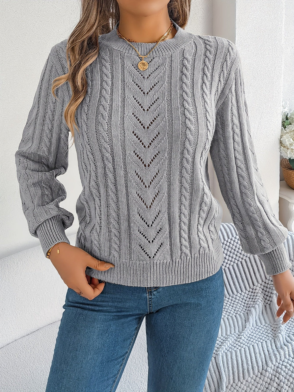 Maglione A Trecce Da Donna Con Girocollo E Maniche Lunghe, immagine 13