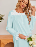 Camicia Da Notte Lunga Da Donna Con Pizzo Floreale E Maniche Lunghe, immagine 2