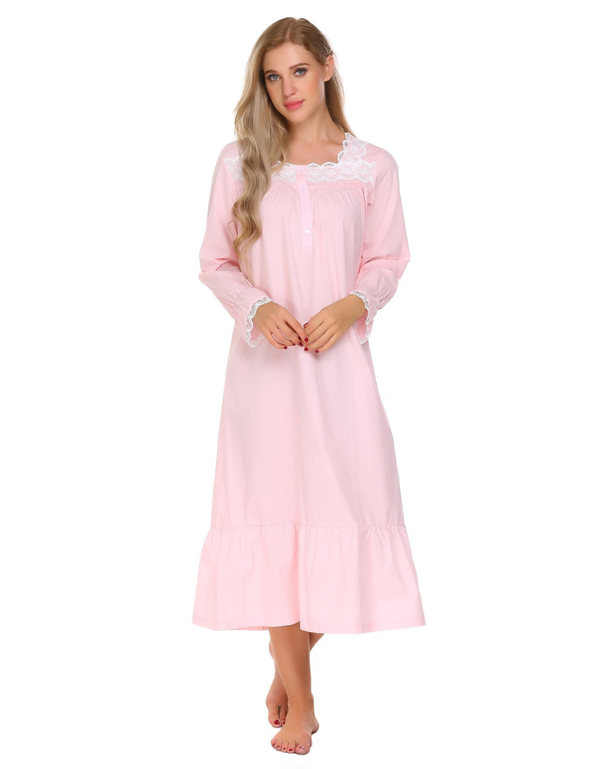 Camicia Da Notte Lunga Da Donna Con Pizzo Floreale E Maniche Lunghe, immagine 3