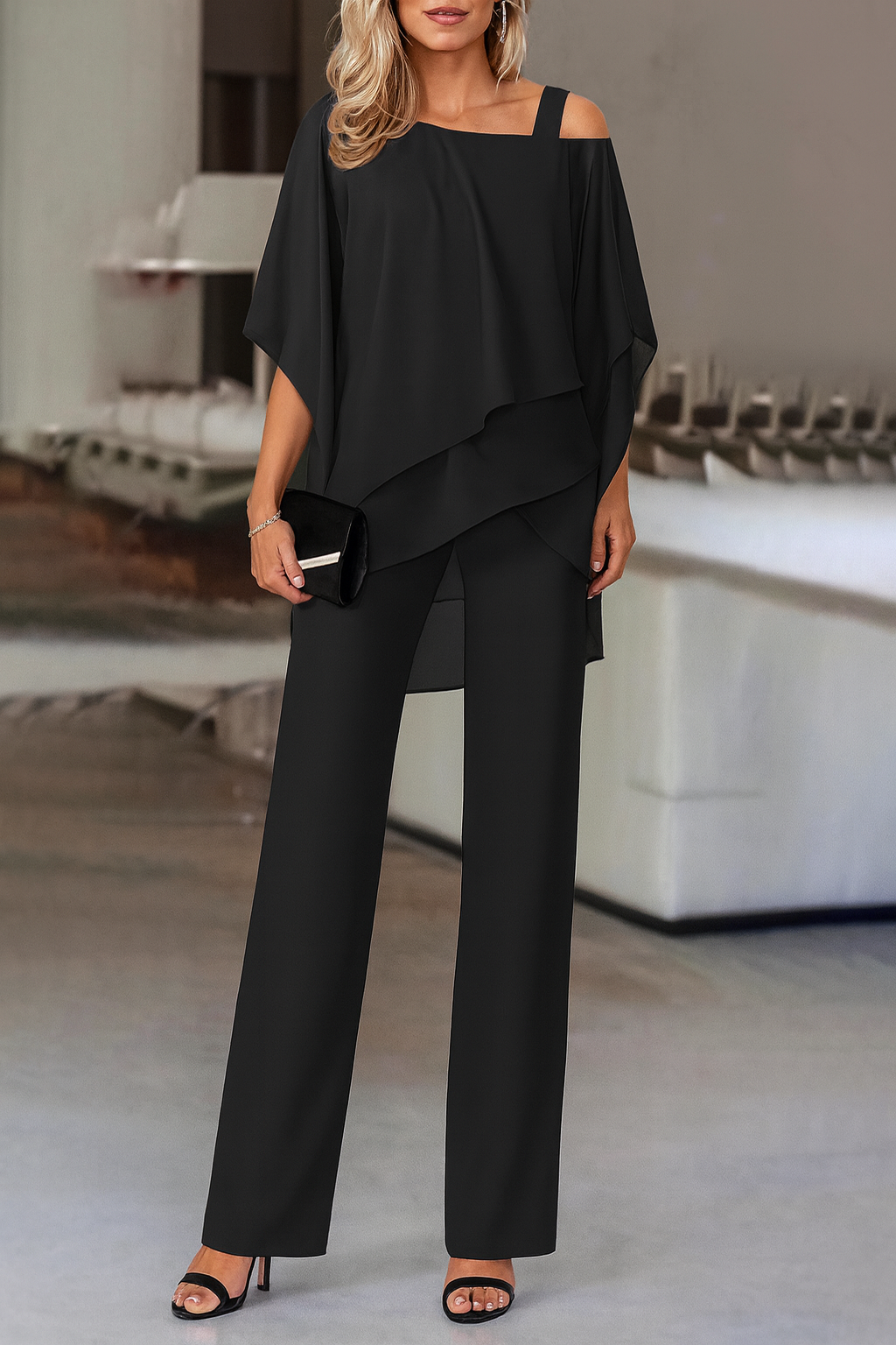 Completo Elegante Da Donna Con Blusa E Pantaloni A Gamba Larga, immagine 2