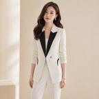 Blazer Bianco Da Donna Con Revers Nero E Chiusura A Bottone, immagine 2